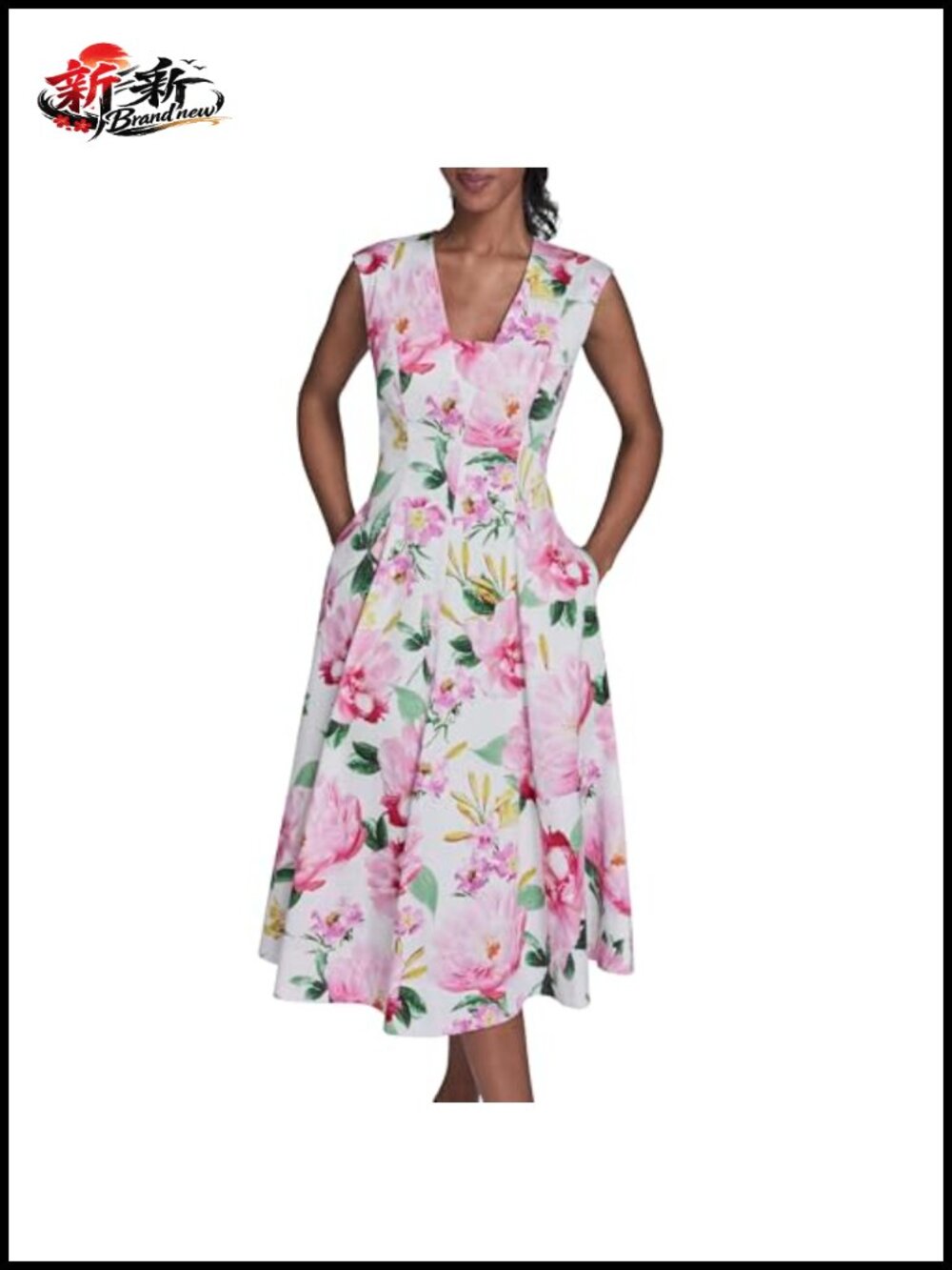 Karl Lagerfeld Sleeveless Floral Midi Dress Fit & Flare Cotton Spandex
